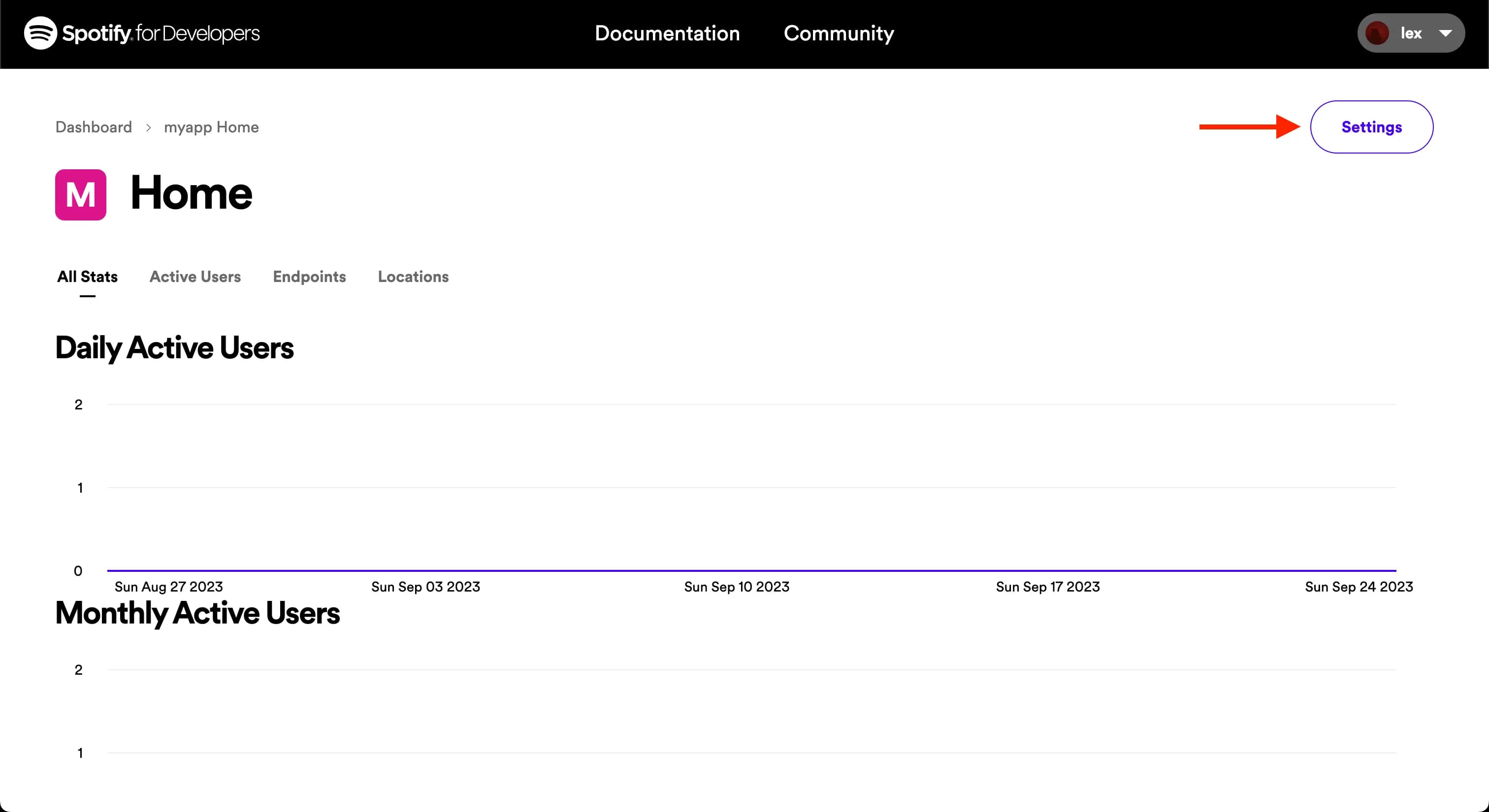 The Spotify Developer Dashboard for a specific application. A red arrow points to the 'Settings' button.