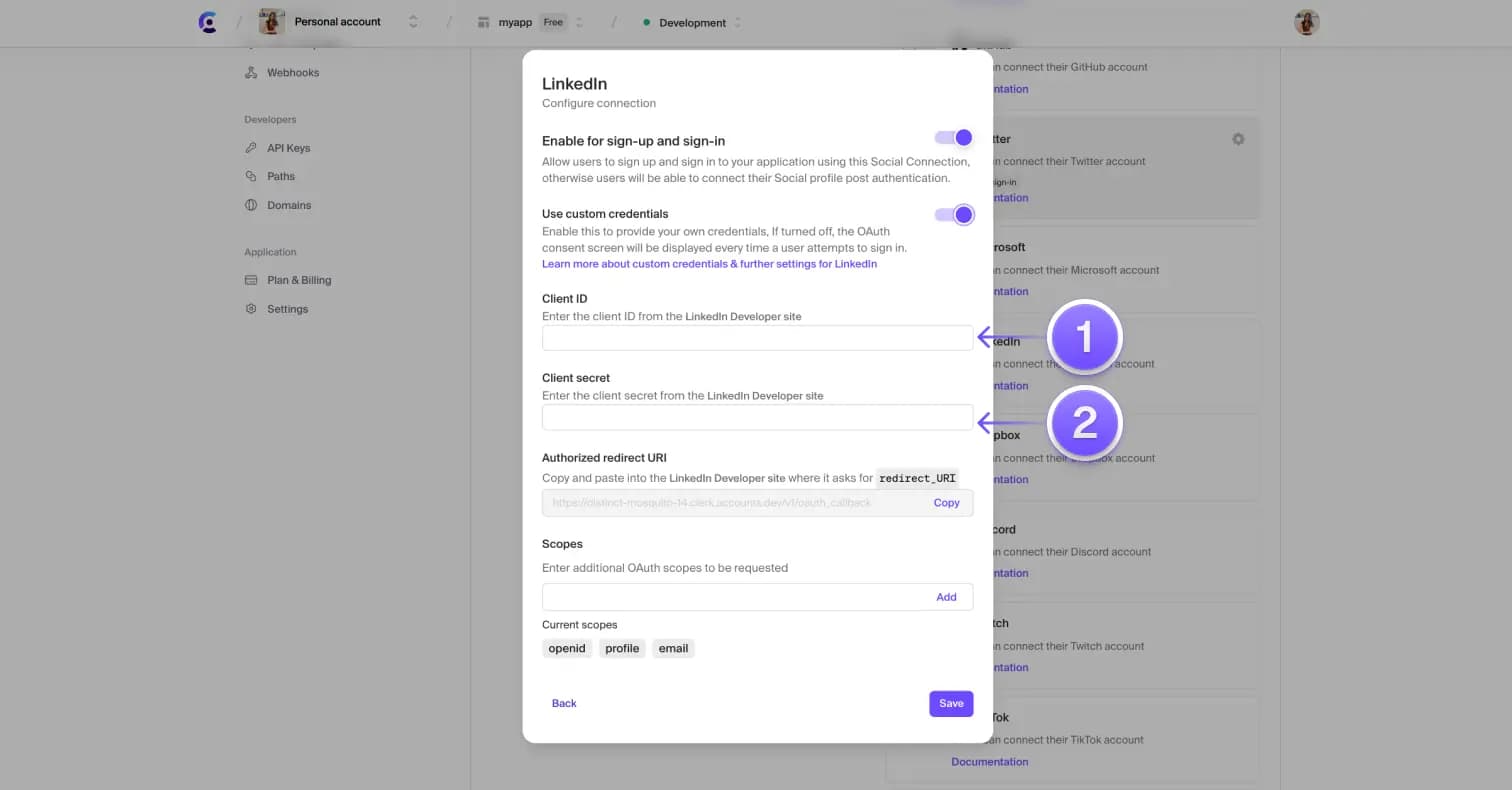 The LinkedIn settings modal in the Clerk Dashboard. There is an arrow pointing to the 'Client ID' and 'Client Secret' inputs.