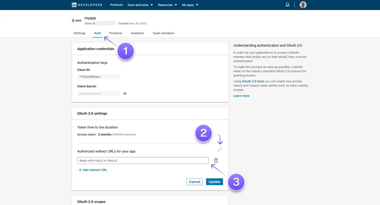 The 'Auth' tab in the Linkedin Developer dashboard for a user's application. There are arrows pointing to where the redirect URI should be entered.