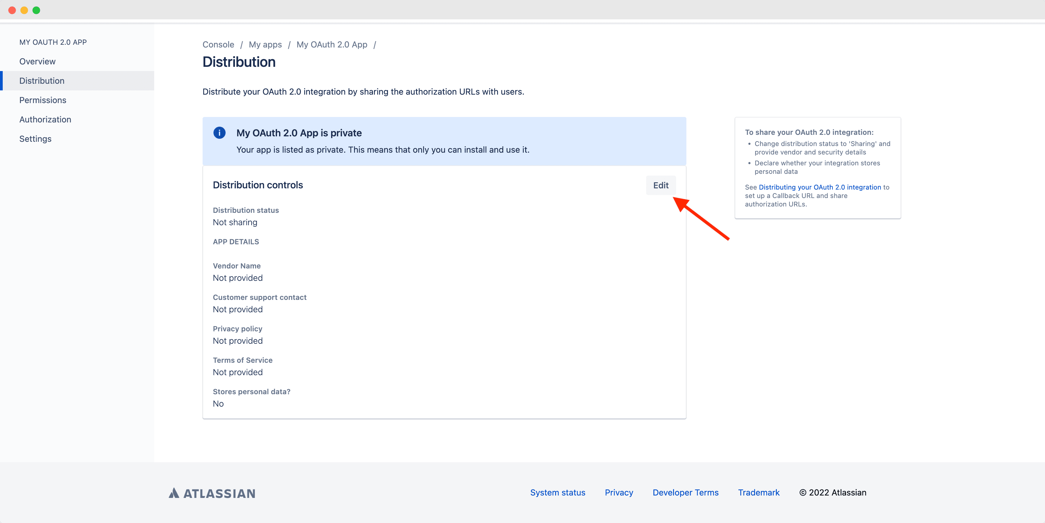 Atlassian OAuth 2.0 app distribution settings