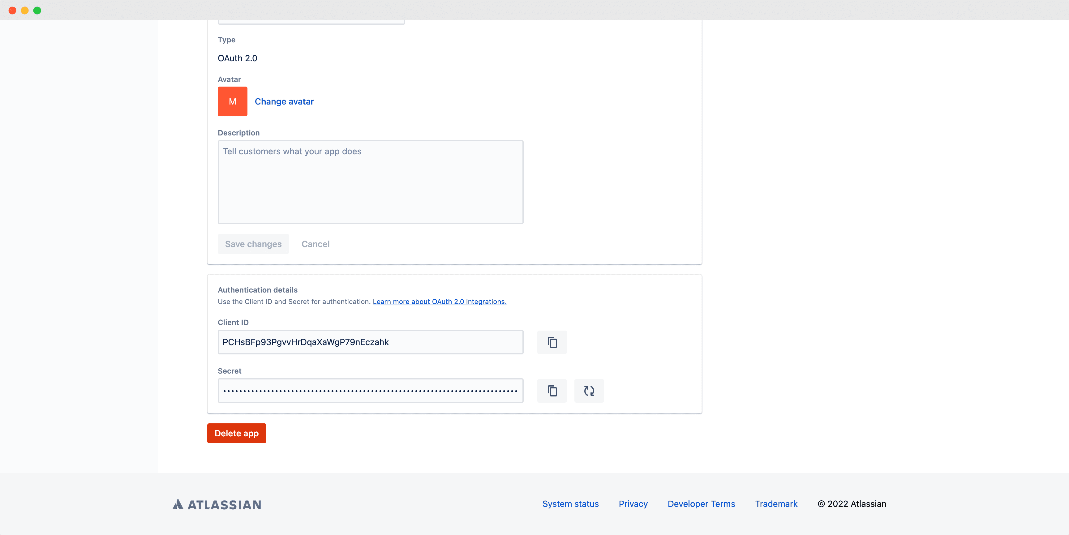 Atlassian OAuth 2.0 settings page with Client ID & Client Secret