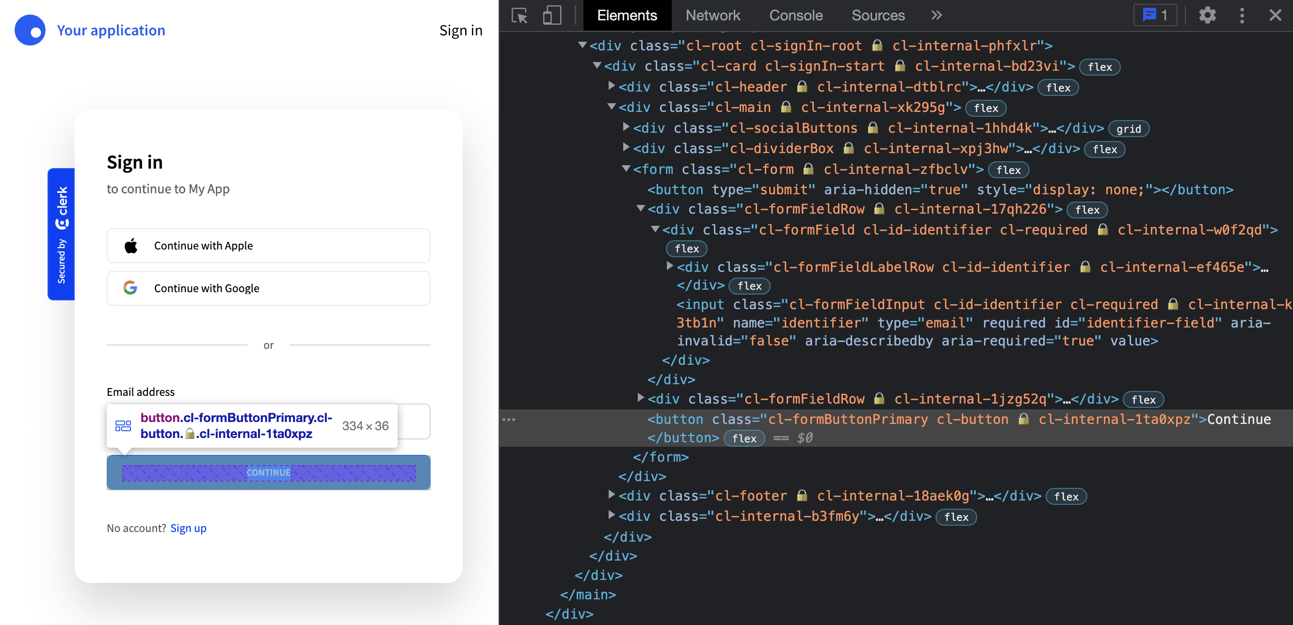 The inspect element tab opened with an element selected. It shows a list of classes and a lock icon in between human-readible classnames and randomly generated ones