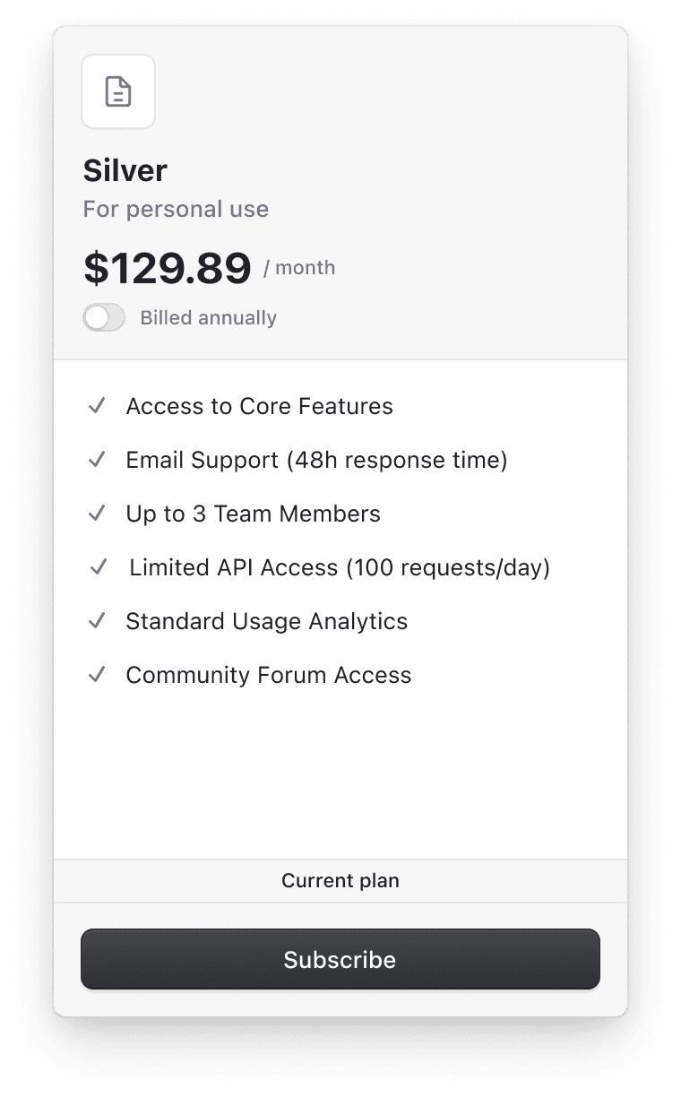 The <PricingTable /> component displays a table of Plans and Features that users can subscribe to.