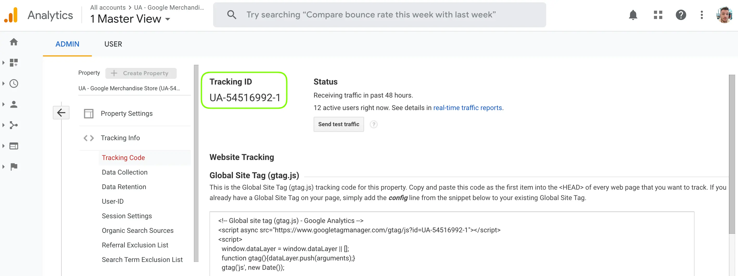A gif showing how to access the measurement ID in the Google Analytics UI