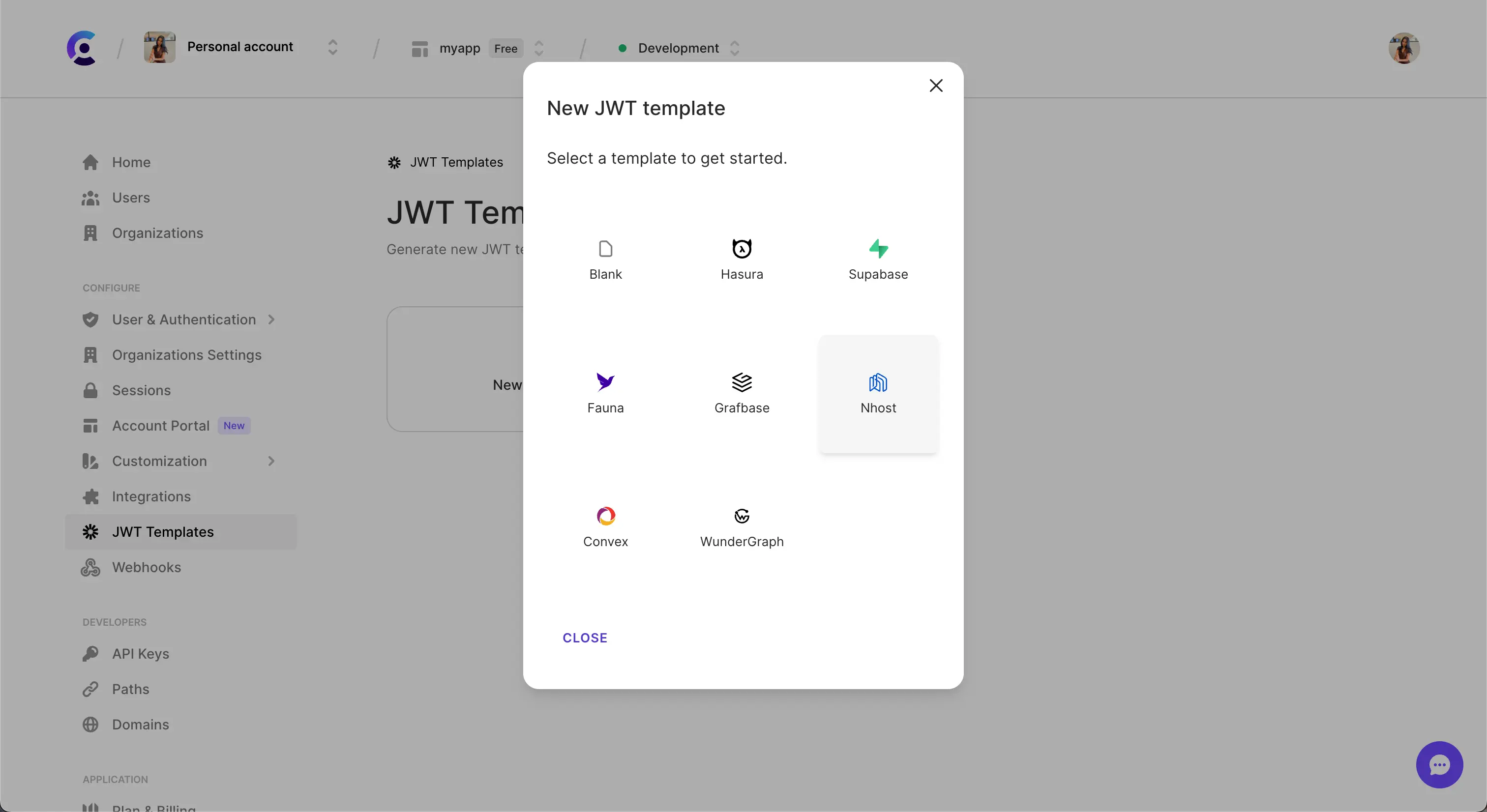 The JWT templates page in the Clerk Dashboard. The 'New template' button was clicked, and a pop up titled 'New JWT template' is shown. The 'Nhost' template is hovered over