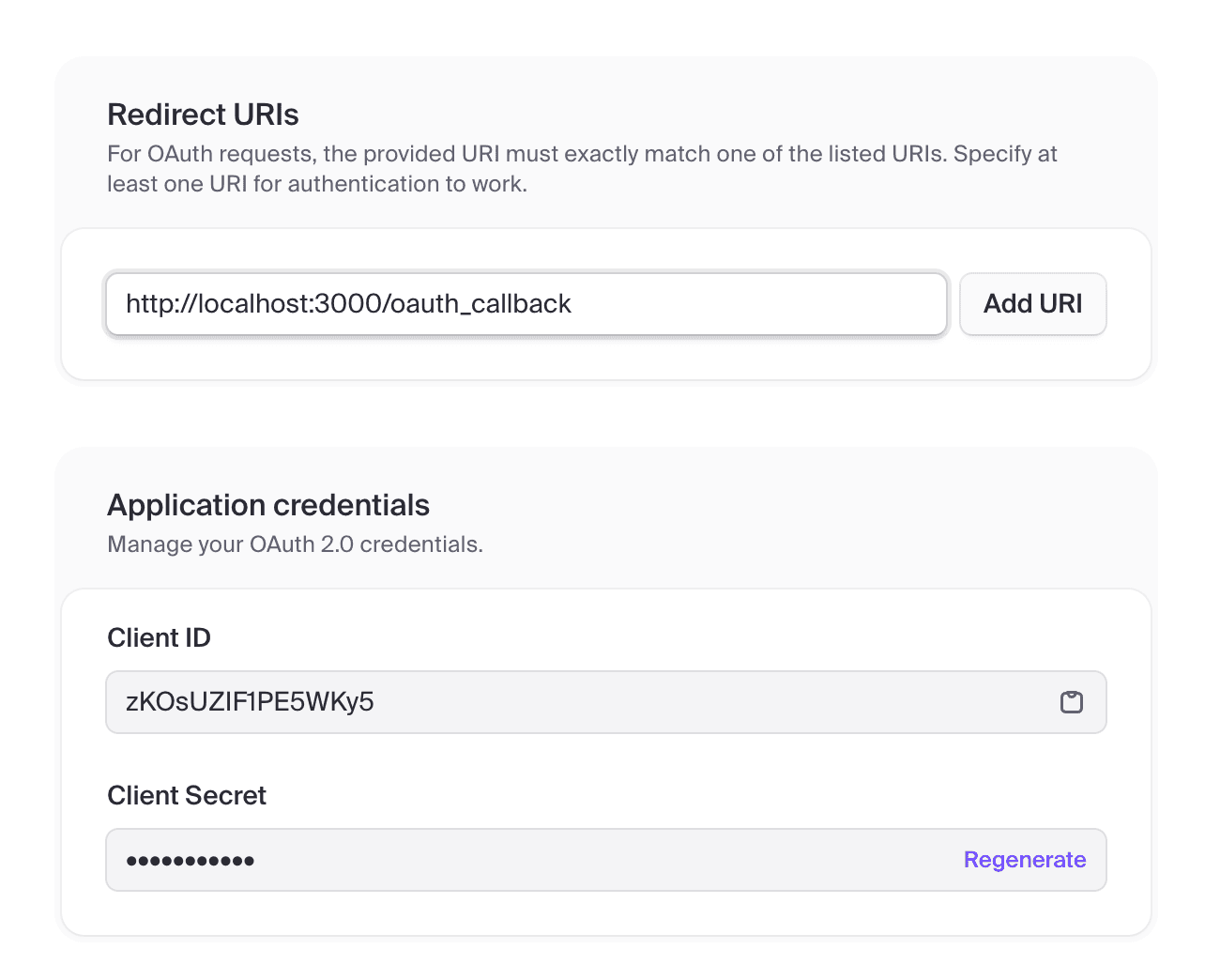 A screenshot of the redirect urls, client id, and client secret within an OAuth application in the Clerk dashboard