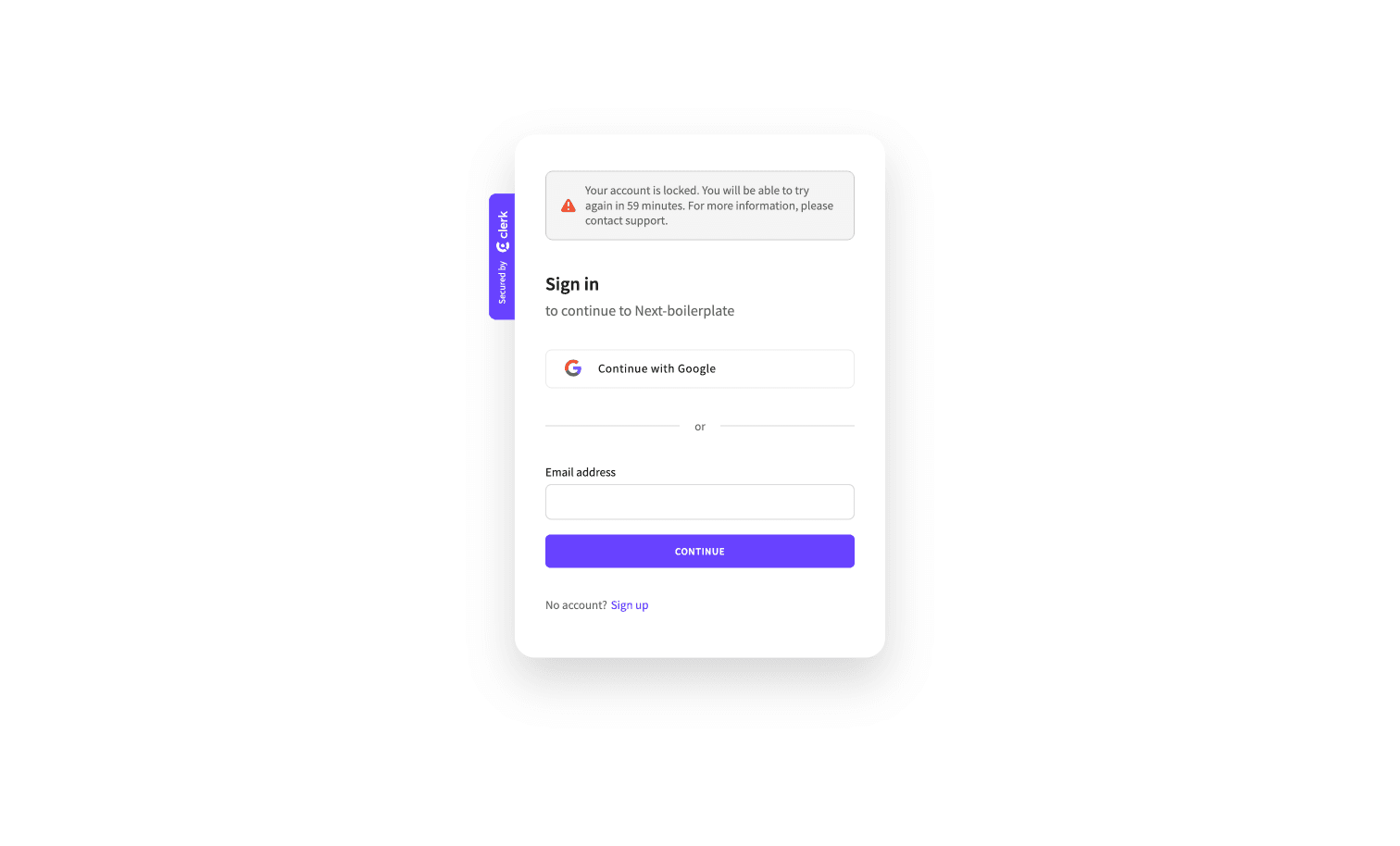 The Clerk component sign-in form with a red alert stating 'Your account is locked. You will be able to try again in 59 minutes. For more information, contact support.'