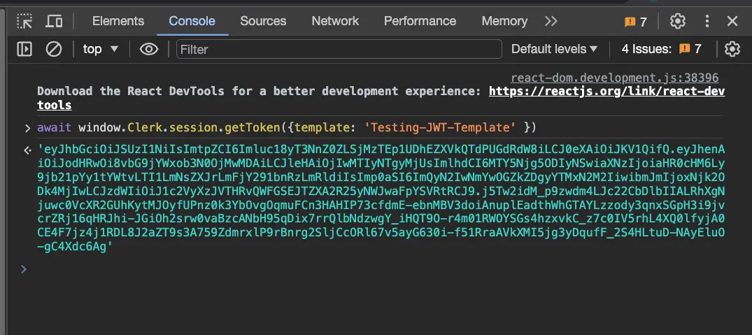 The Dev Tools Console with the command 'await window.Clerk.session.getToken()' entered. The token is logged to the console