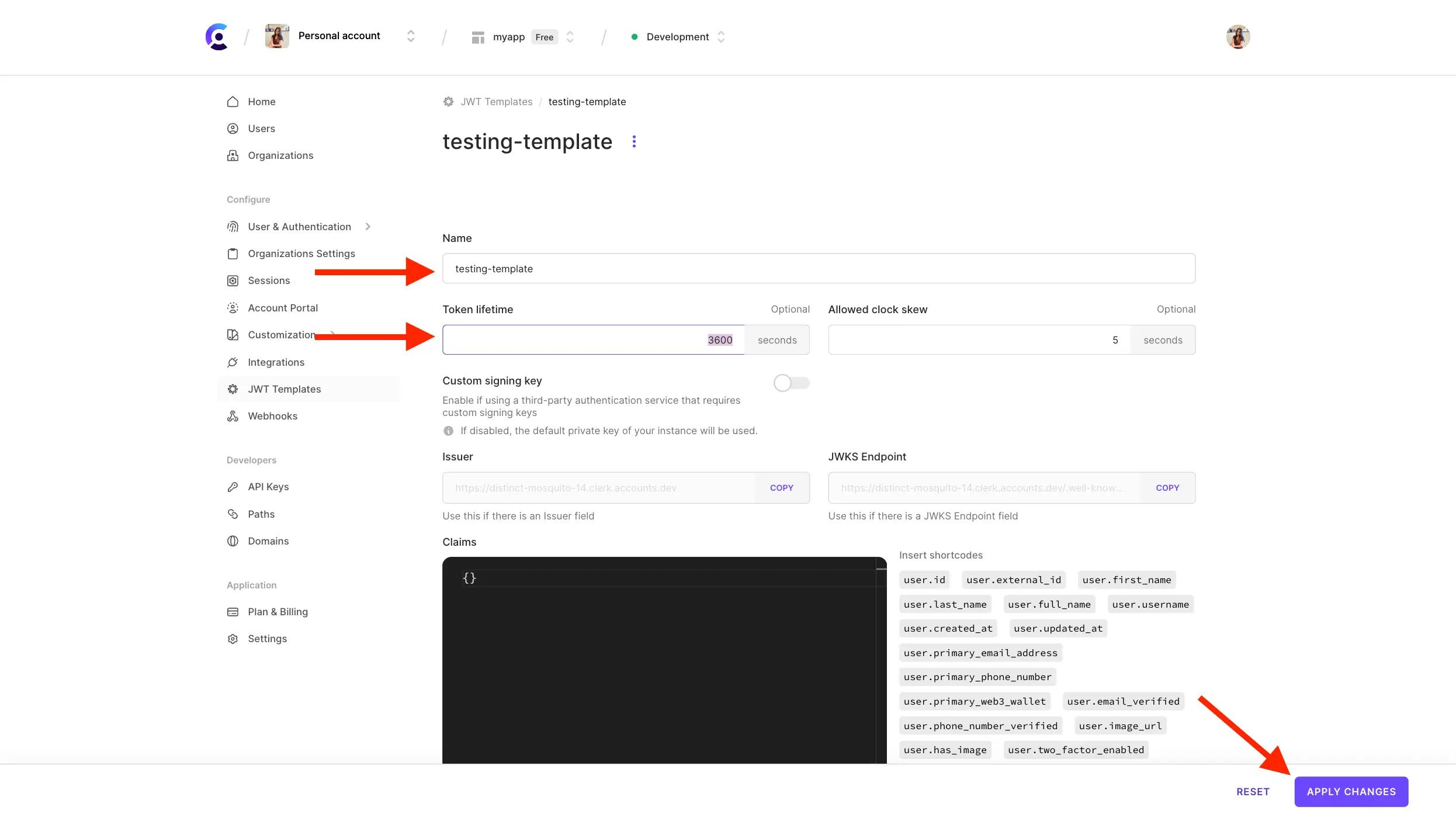 Creating a JWT template in the Clerk Dashboard