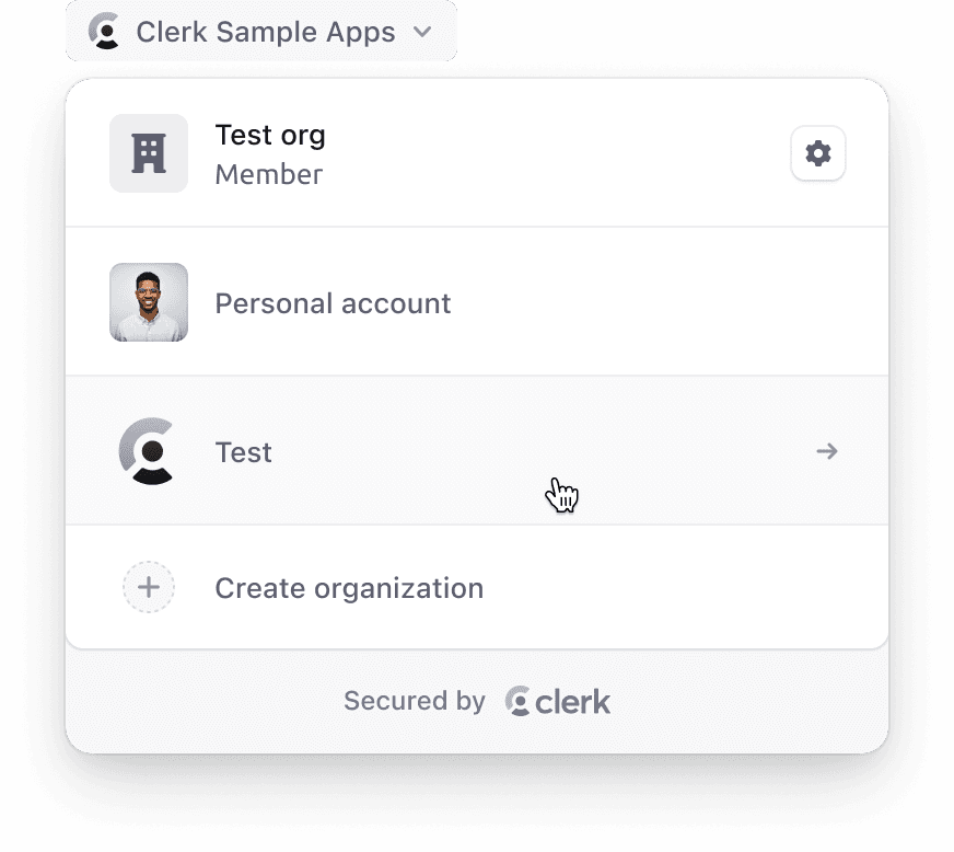 The <OrganizationSwitcher /> component allows a user to switch between their account types - their personal account and their joined organizations.