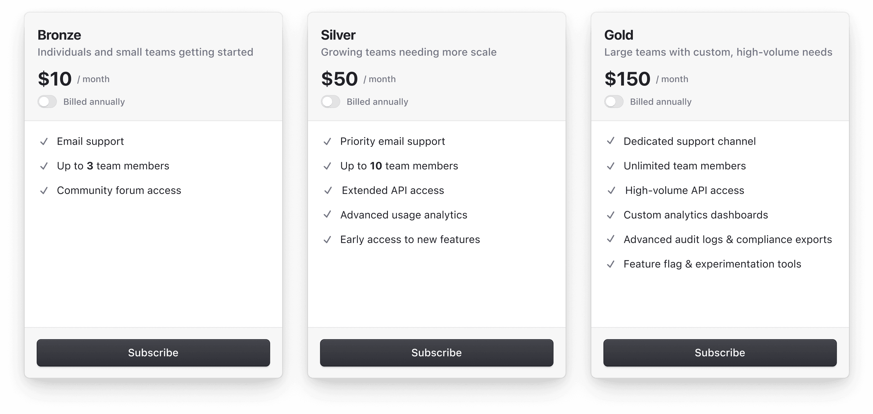 The <PricingTable /> component displays a table of Plans and Features that users can subscribe to.