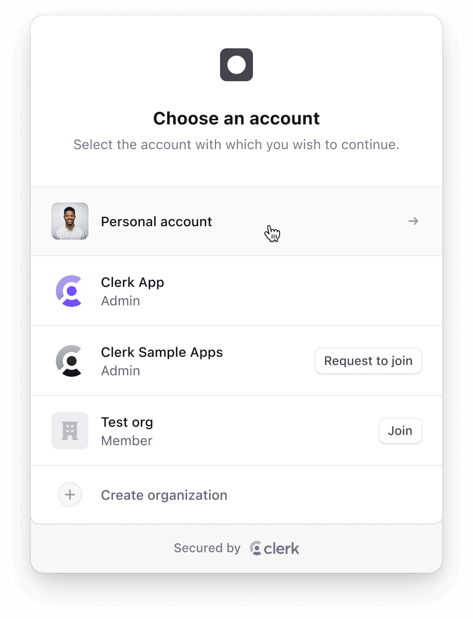 The <OrganizationList /> component displays Organization-related memberships and automatic invitations and suggestions for the user.