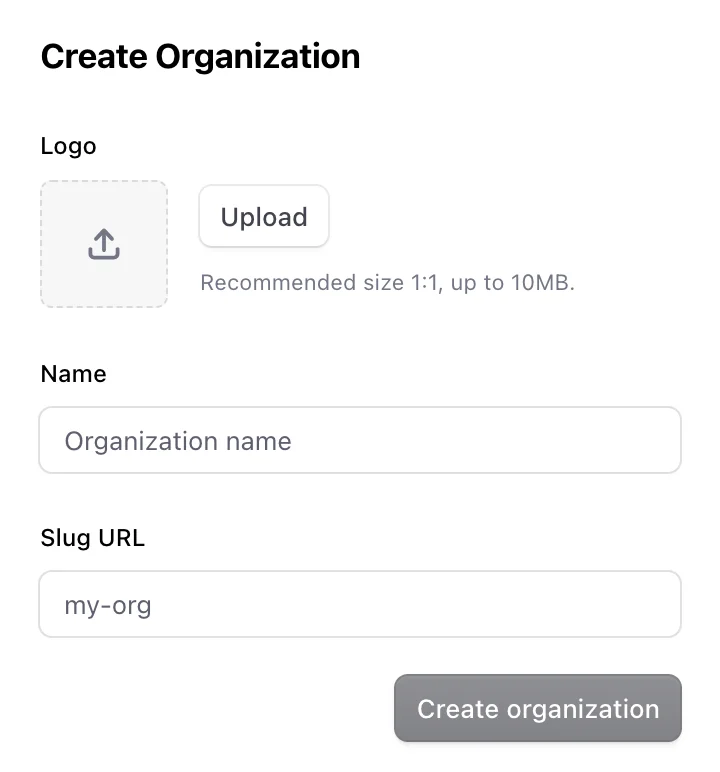 Clerk create organization component with input fields for logo, name, and slug.