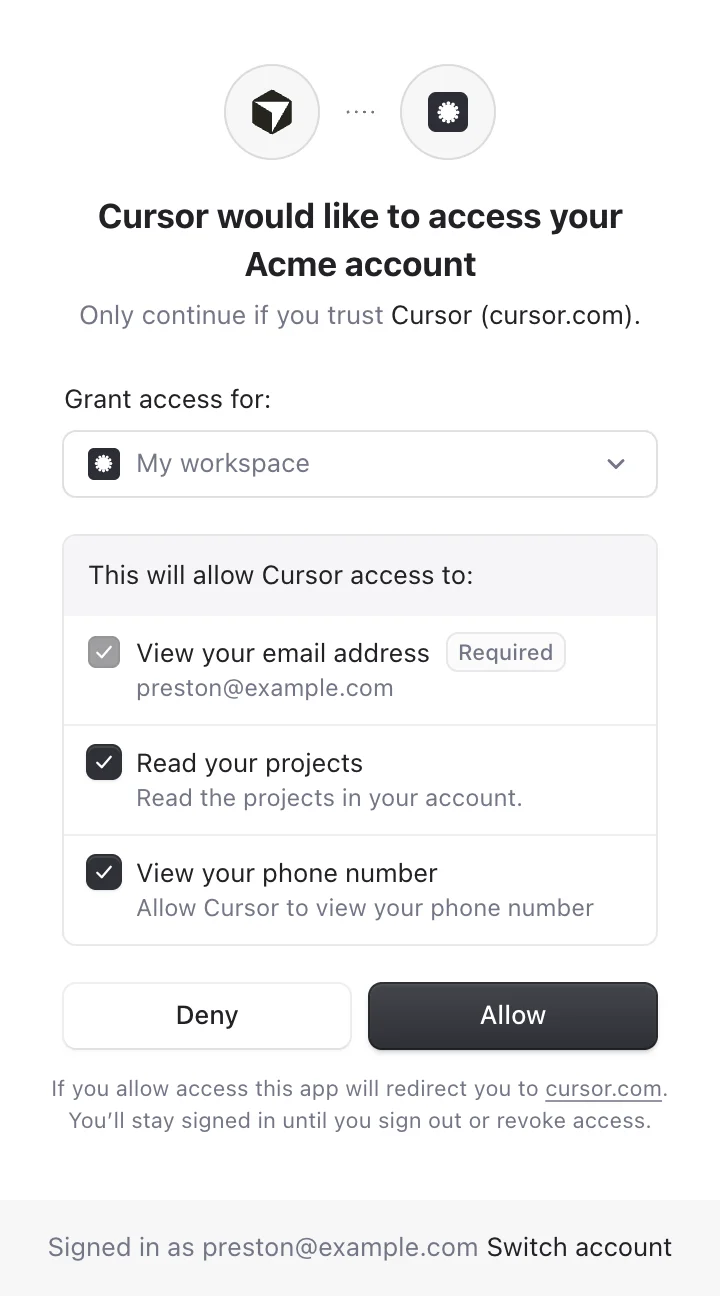 Clerk OAuth consent screen asking whether Cursor may access an Acme account, with a workspace picker, the permissions it is requesting, and Deny and Allow buttons.