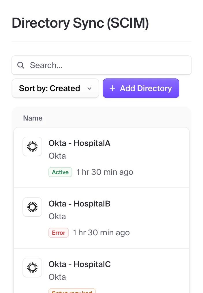 Clerk directory sync dashboard on a phone, listing SCIM directories from Okta with their sync status and last sync time.