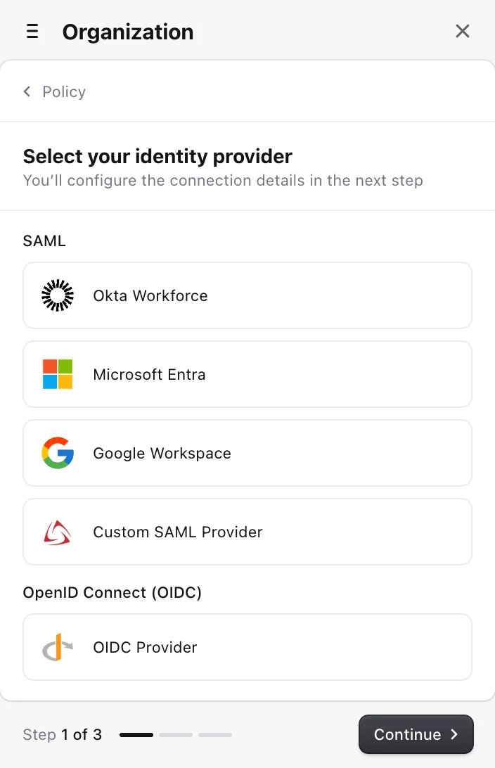 Clerk organization profile open on Access, setting up enterprise SSO: step 1 of 3, choosing an identity provider such as Okta Workforce, Microsoft Entra, or Google Workspace.