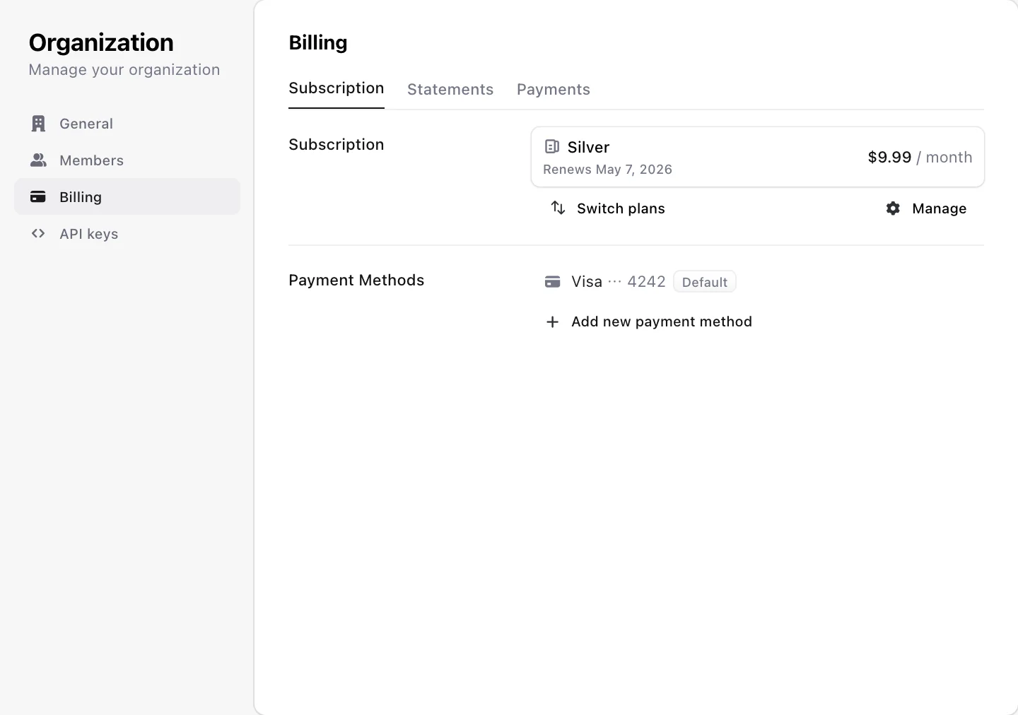 Clerk organization profile component showing the billing tab, with the organization subscription and payment methods.