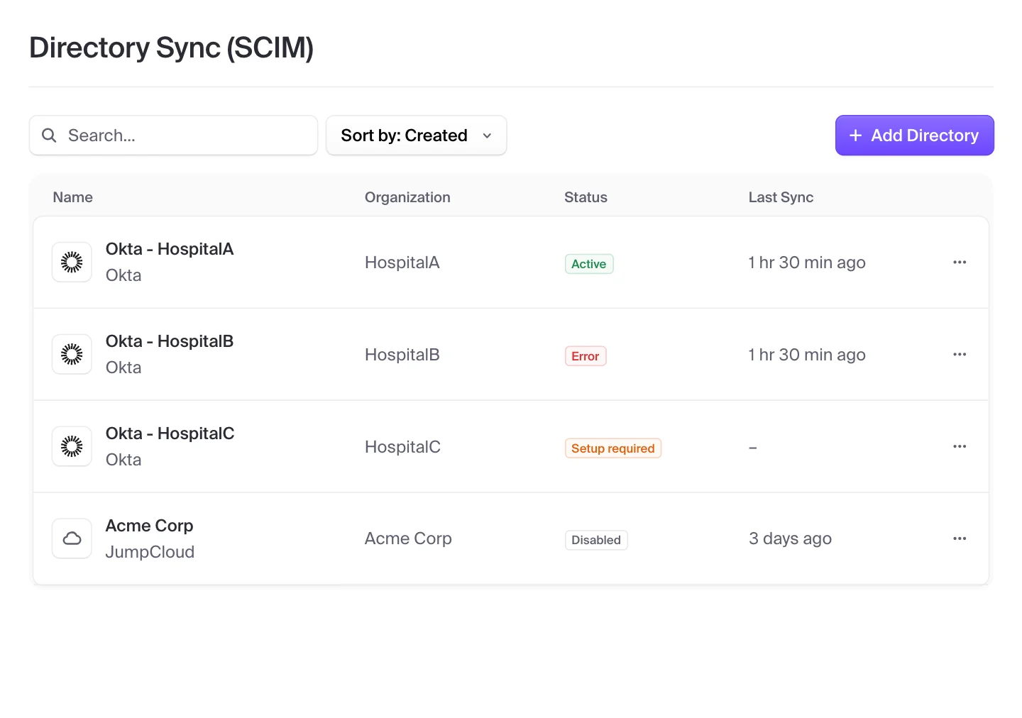 Clerk directory sync dashboard listing SCIM directories from Okta and JumpCloud, each with its organization, sync status, and last sync time.