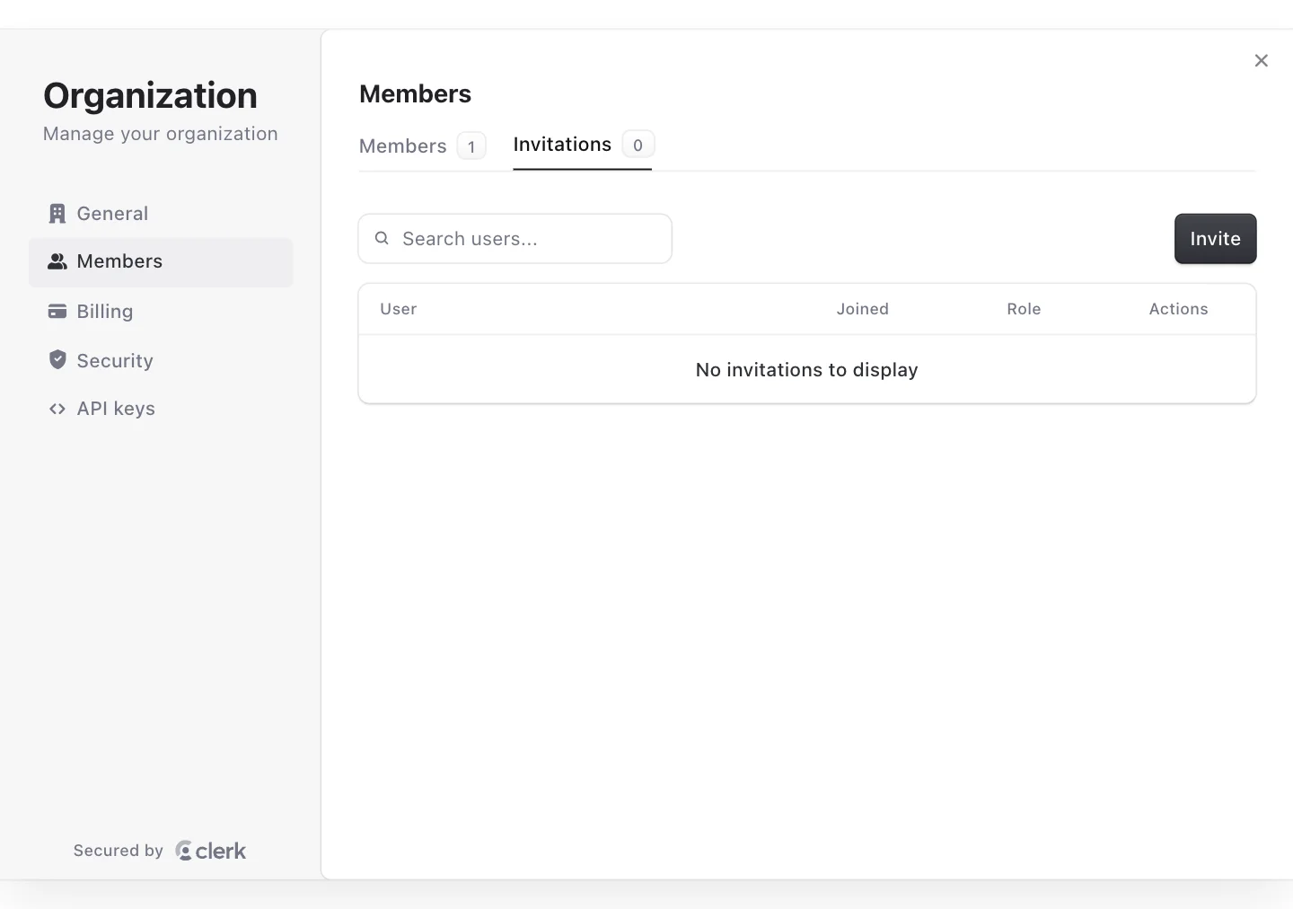 Clerk organization profile component showing the members tab, with the current members and their pending invitations.