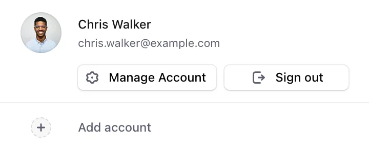Clerk user button component expanded to display the signed-in account, with options to manage the account, sign out, or add another account.