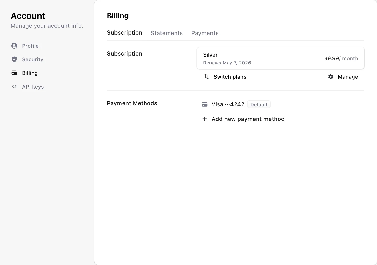 Clerk user profile component showing the billing tab, with the current subscription and saved payment methods.