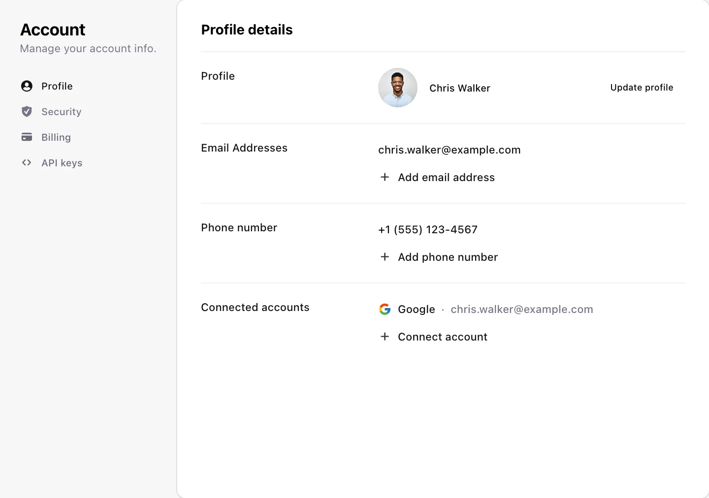 Clerk user profile component with options to manage profile and security settings.