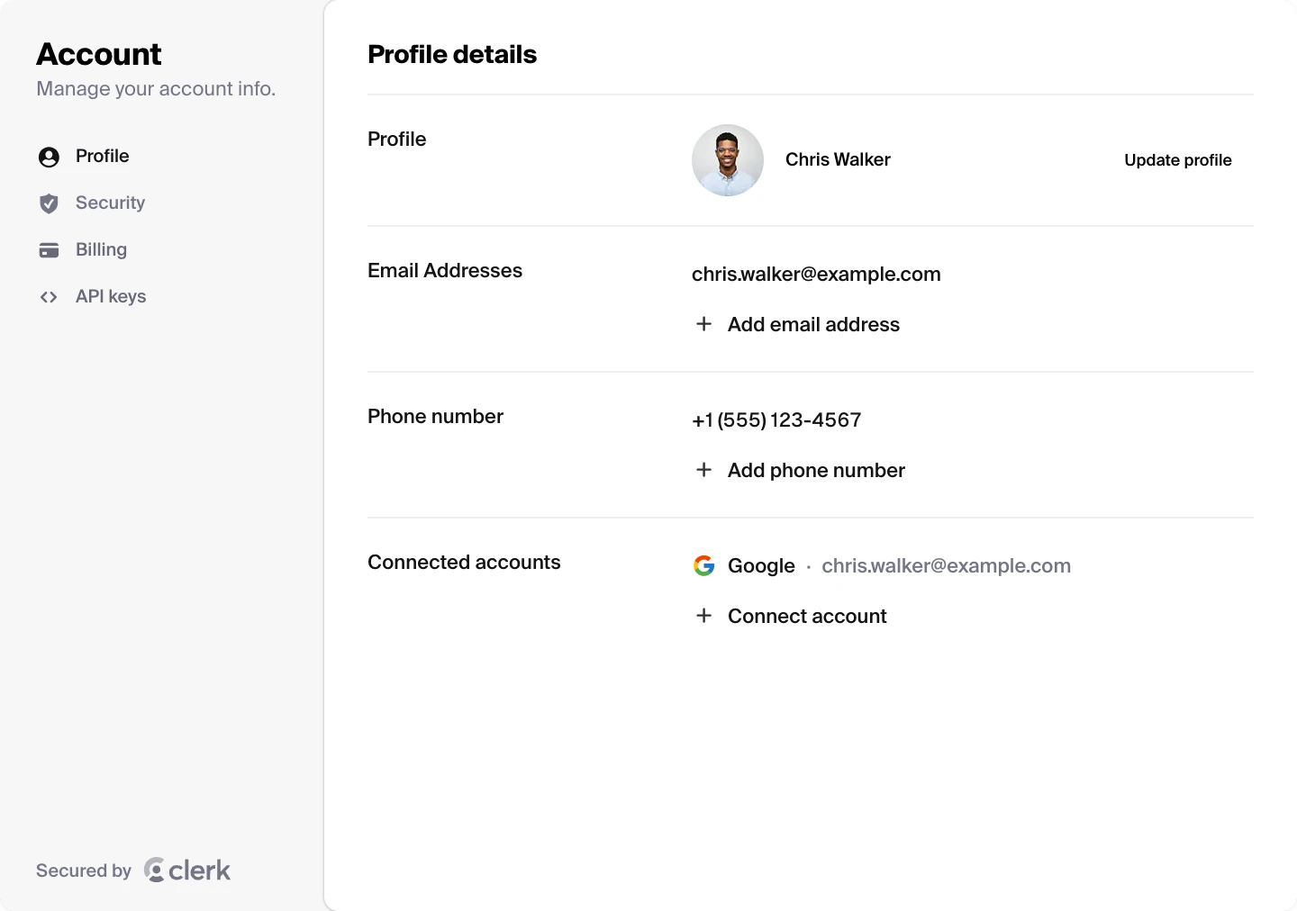 Clerk user profile component with options to manage profile and security settings.