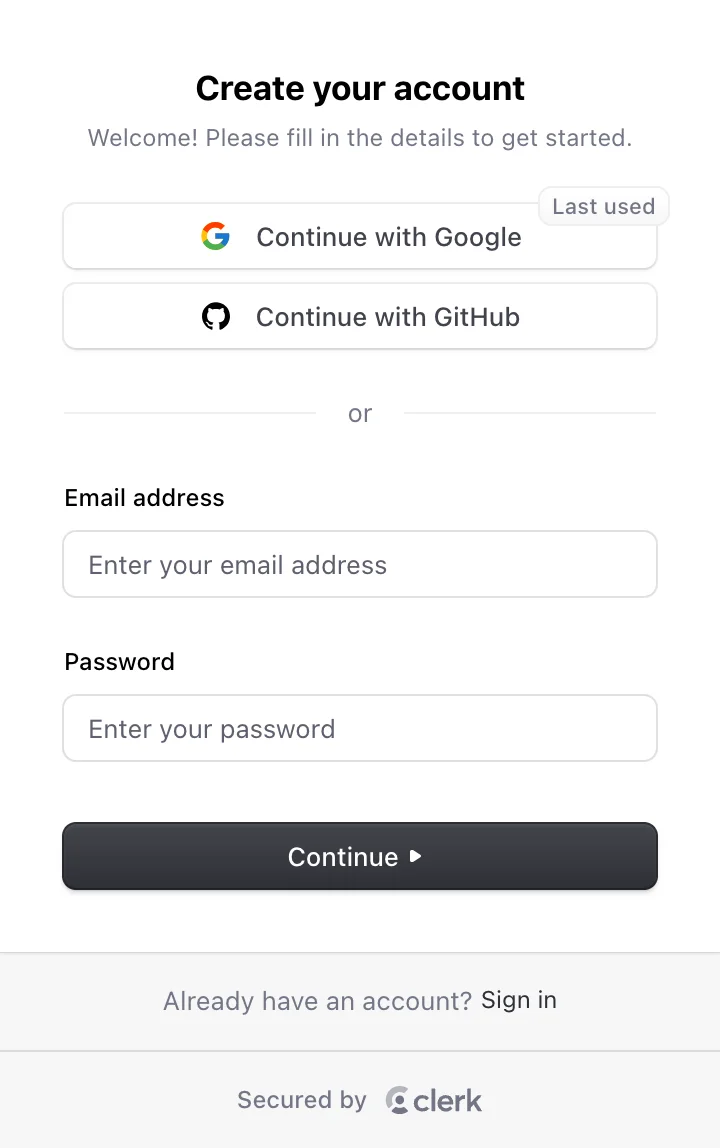 Clerk sign up component with input fields for first name, last name, username, email, phone number, and password.