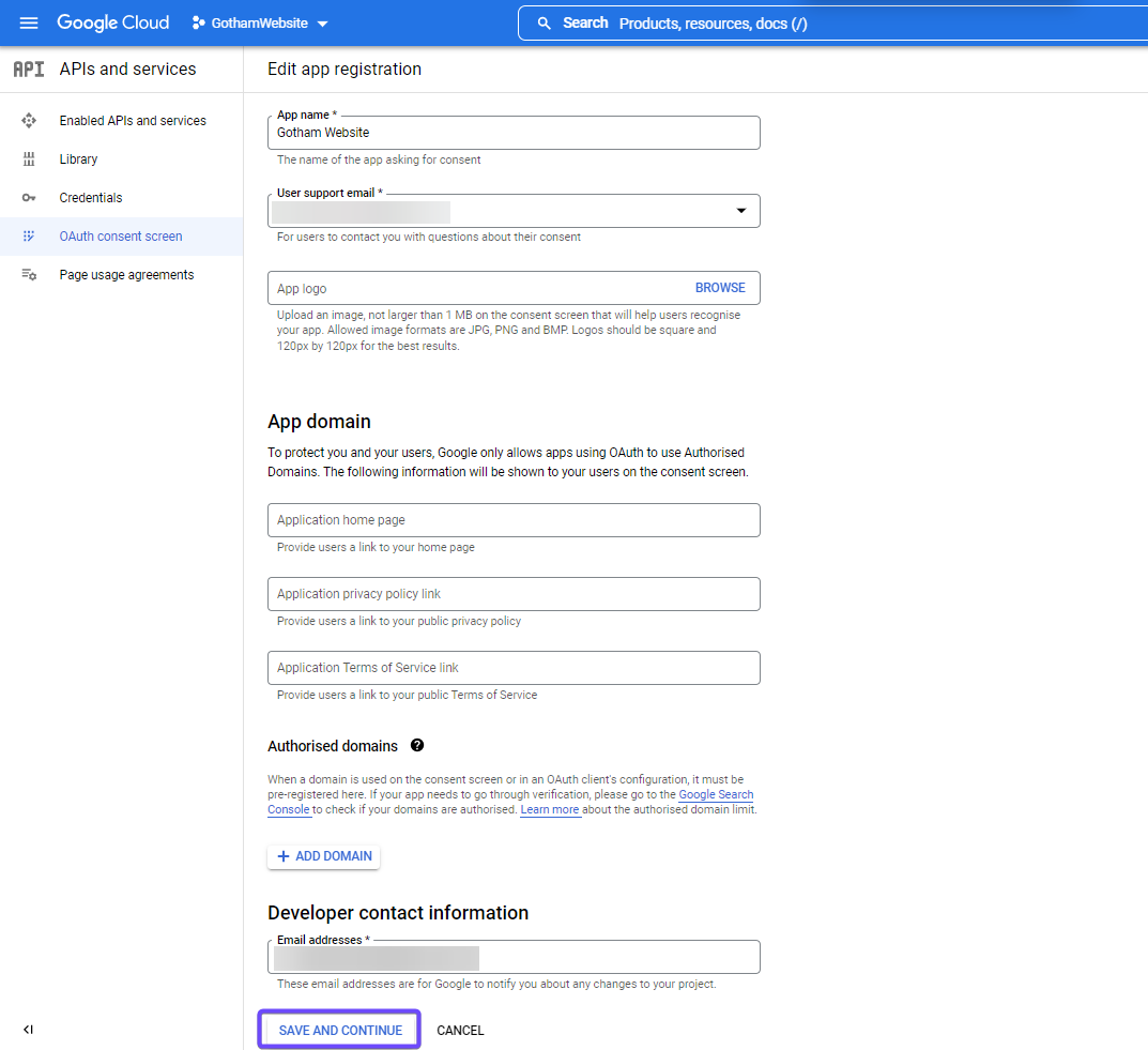 A screenshot of Google Cloud showing the fields you need to populate for your app
