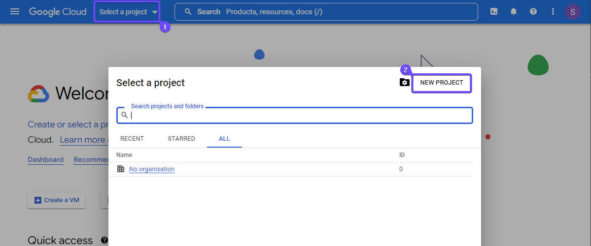 A screenshot of the dialog box that appears when clicking on the Select a project dropdown