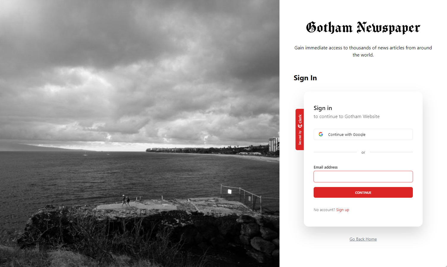 A screenshot of your Gotham website login screen containing the Clerk.com sign-in component