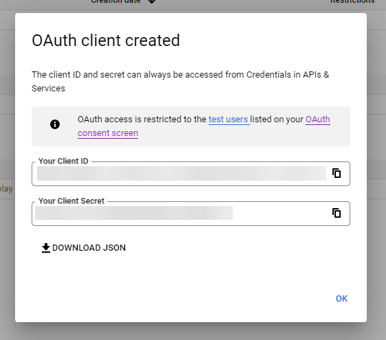 A screenshot of the dialog box that appears in Google Cloud with the OAuth Client ID and Client Secret for your app