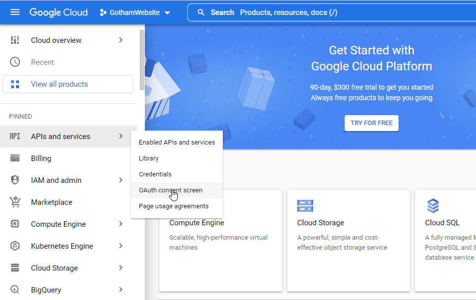 A screenshot of the menu in Google Cloud with the OAuth consent screen menu item highlighted