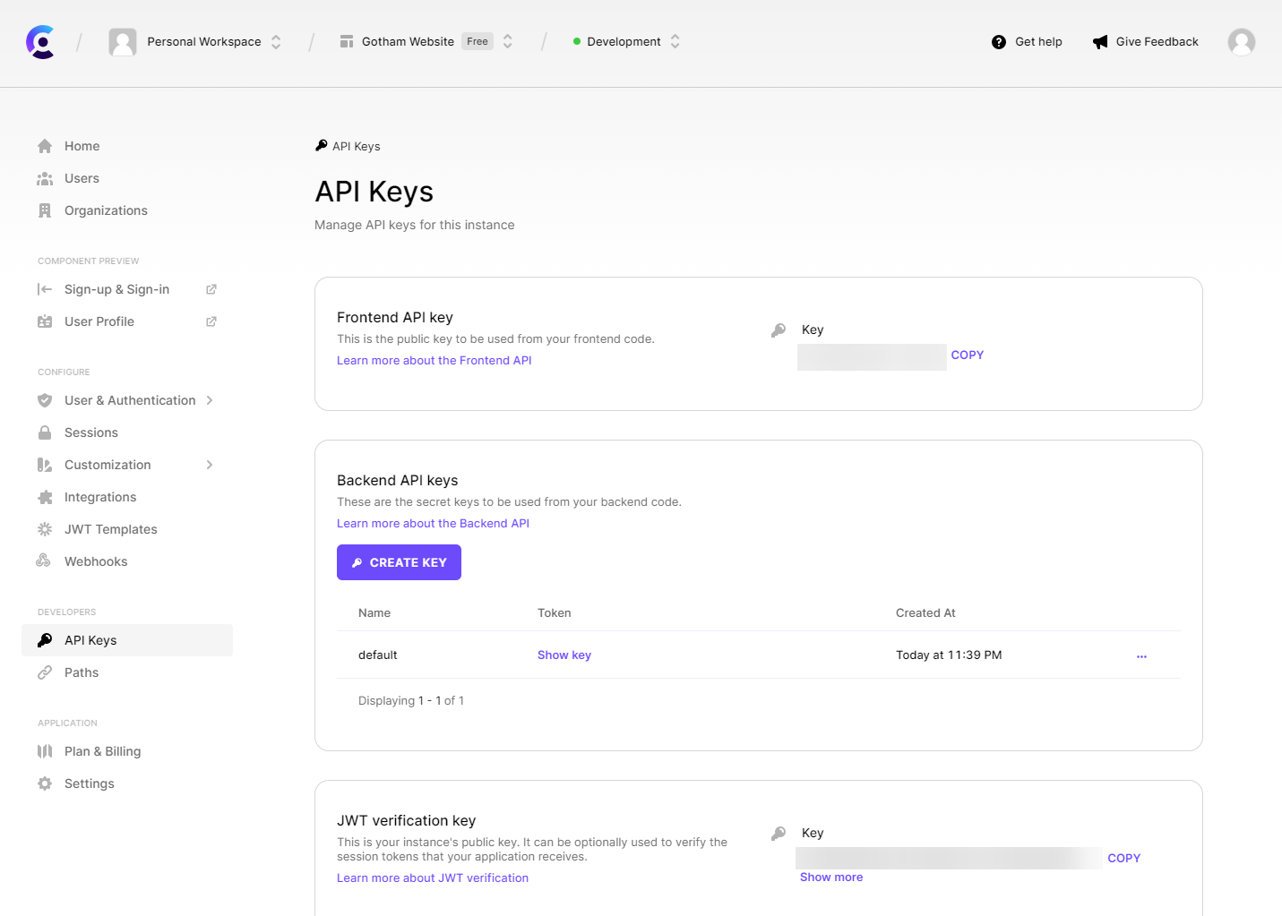 A screenshot of the Clerk.com dashboard showing the API Keys for your app