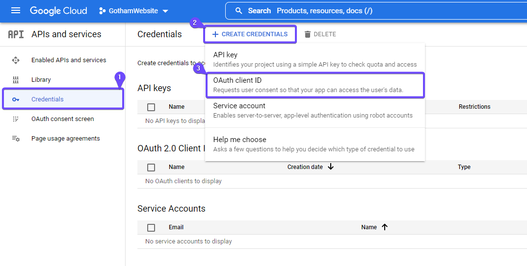 A screenshot of Google Cloud with the Create Credentials menu open and OAuth client ID highlighted