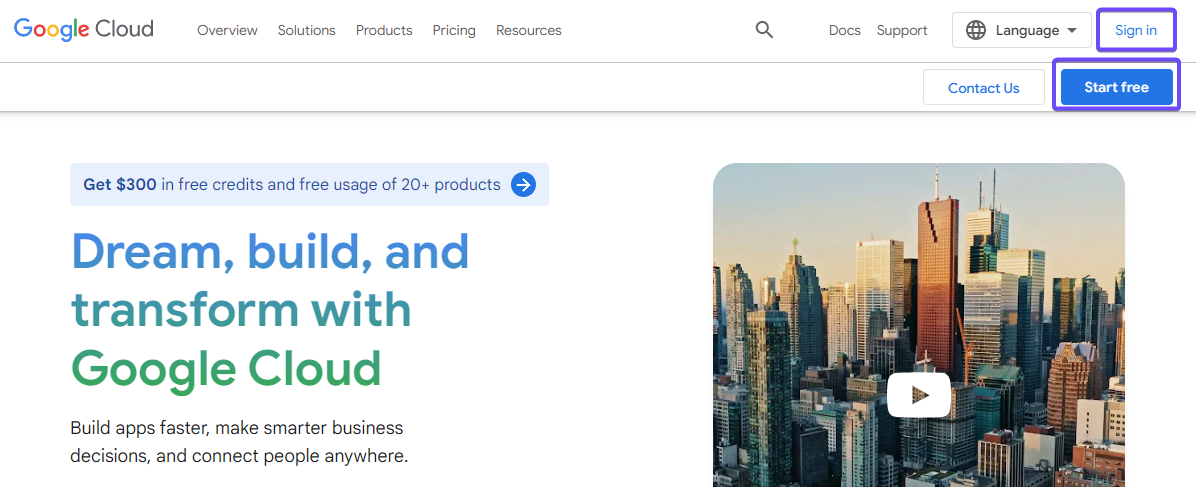 A screenshot of the Google Cloud home page with the Sign in and Start free button highlighted