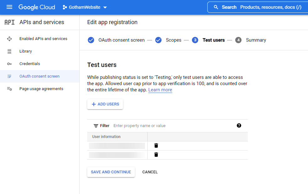 A screenshot of Google Cloud showing a screen where you can add test users to your website
