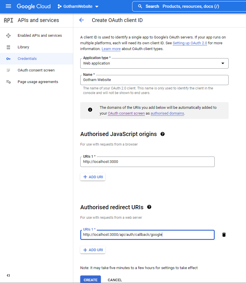 A screenshot of the Google Cloud console showing the configuration options for a web application using OAuth