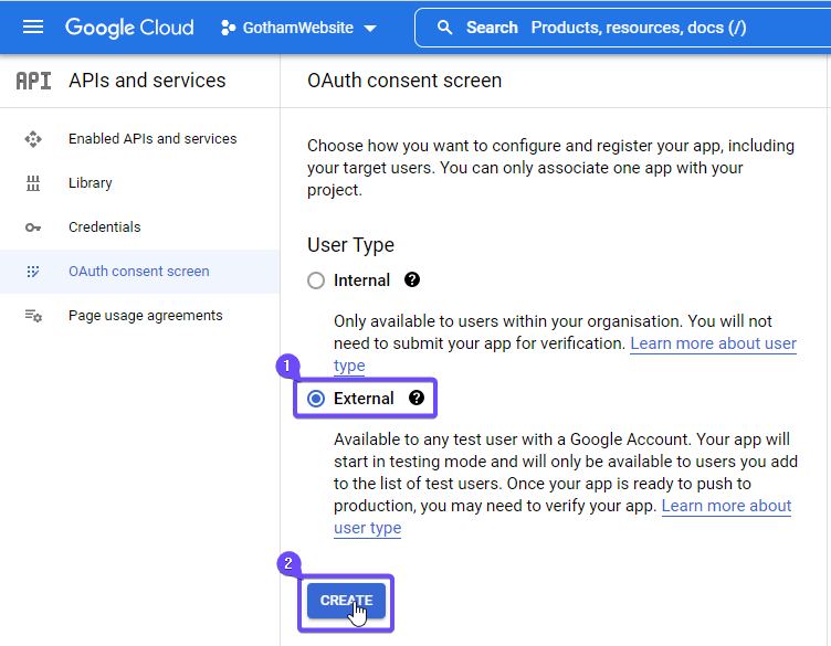 A screenshot of the Google Cloud console with External User Type selected when configuring the project's OAuth consent screen