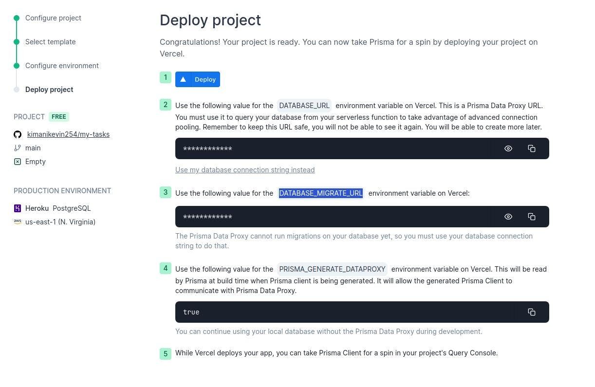The deploy project page