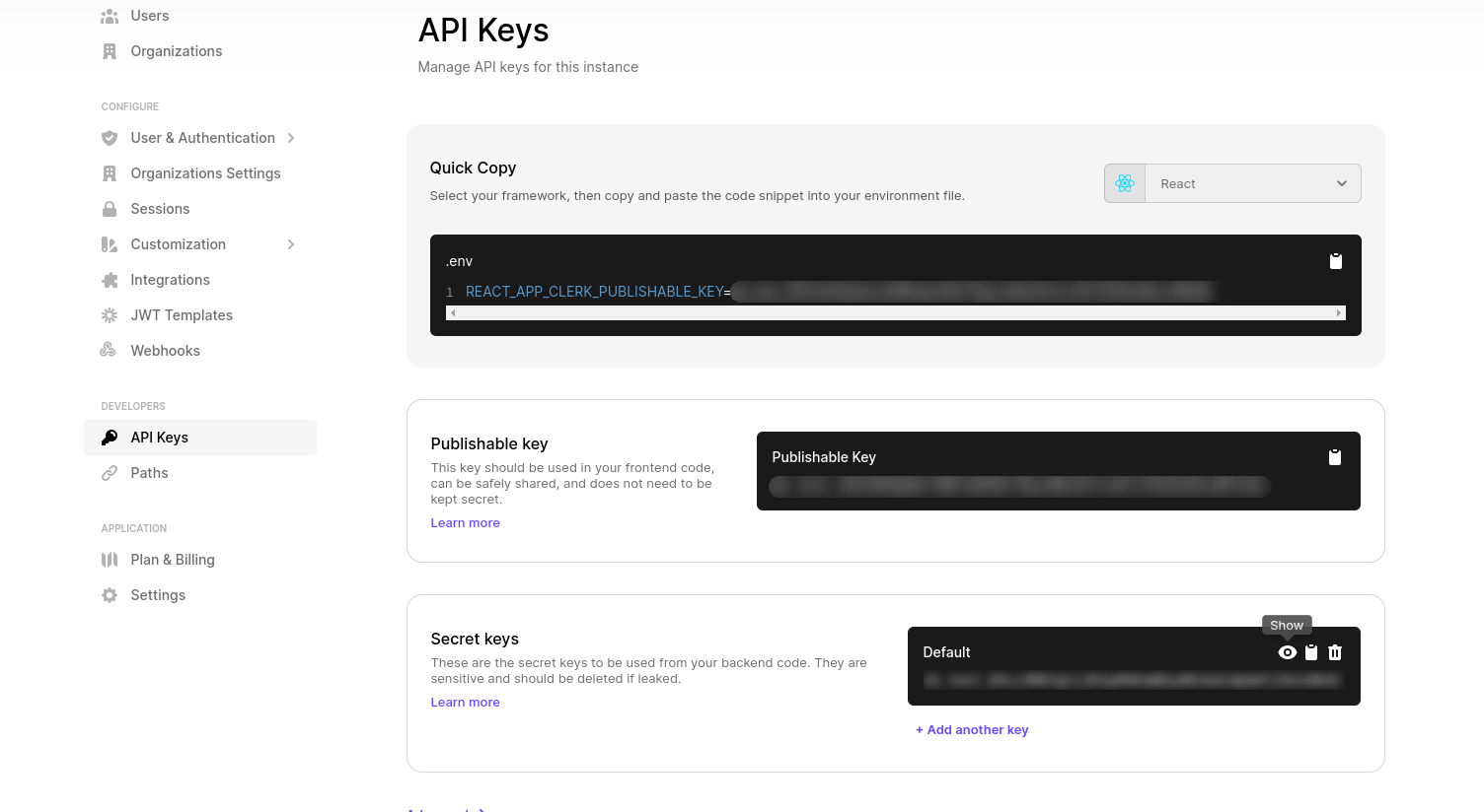 Clerk API Keys page