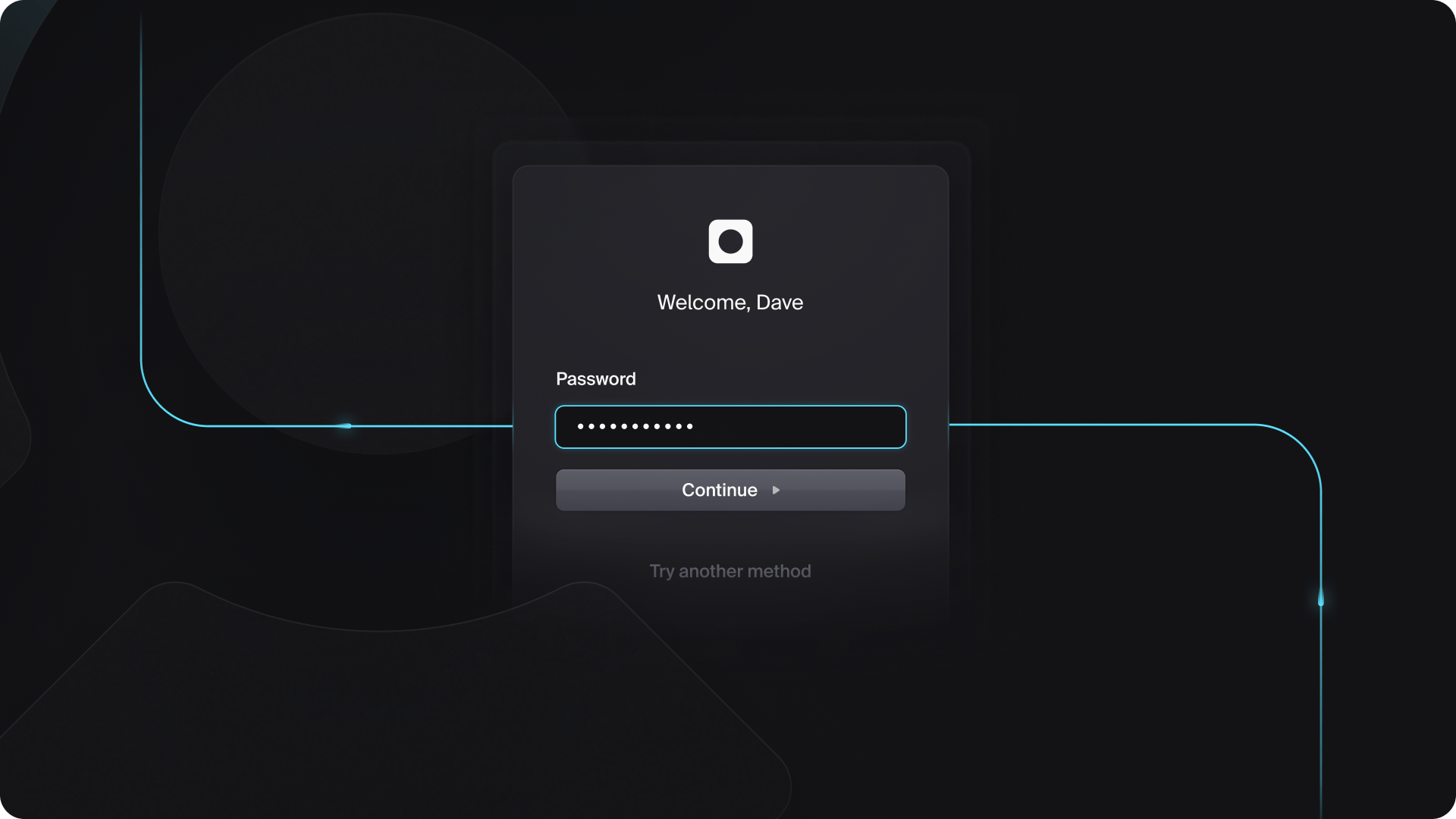 Login screen of a dark webapp featuring Clerk's new UI components (in dark mode). The top says "Welcome, Dave" and below is a filled out password input field.
