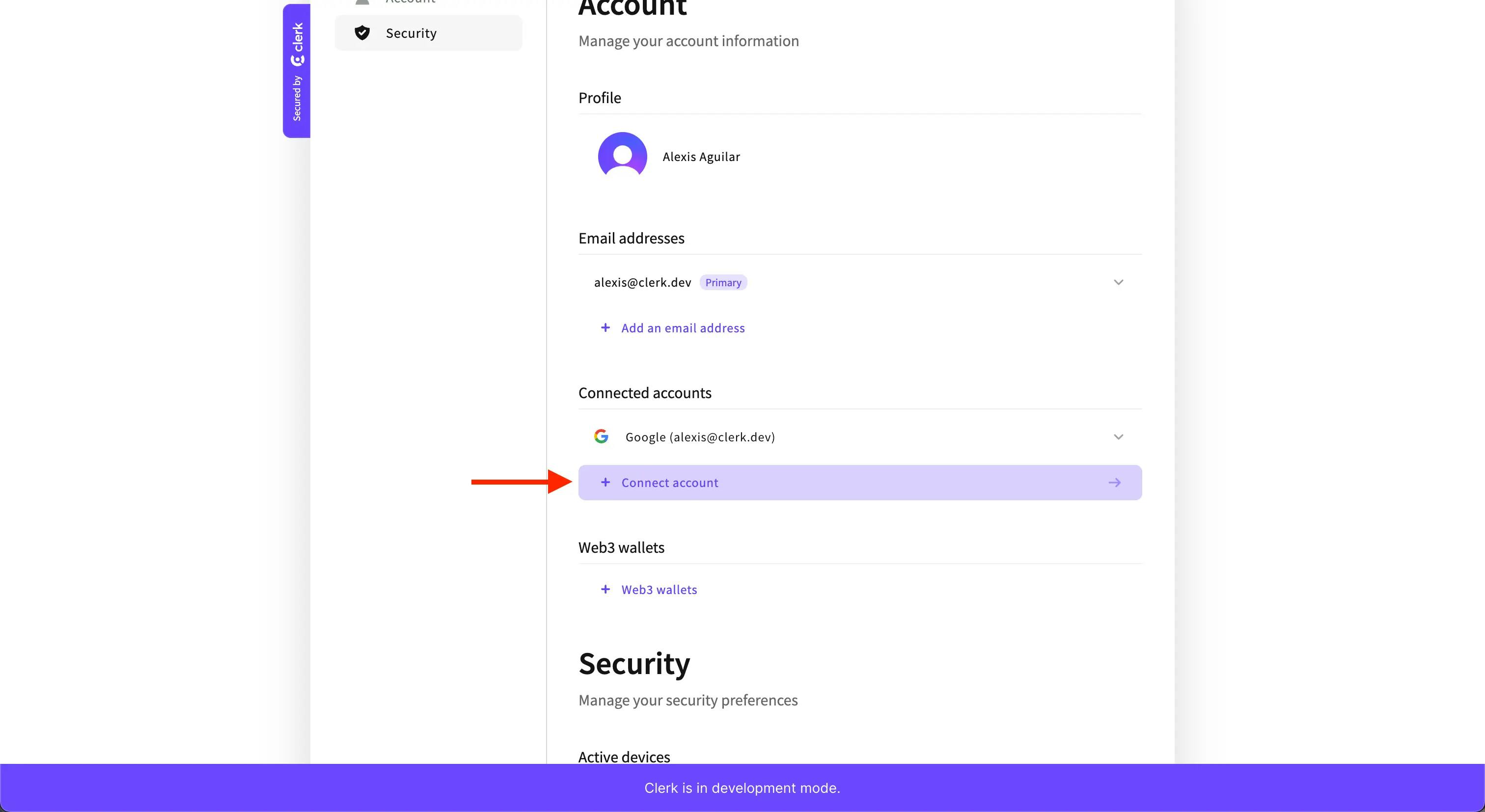 The User Profile page in the Account Portal. There is a red arrow pointing to the 'Connect account' button in the 'Connected accounts' section.