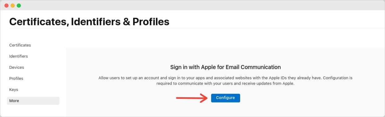 Accessing the configuration page for Certificates, Identifiers & Profiles