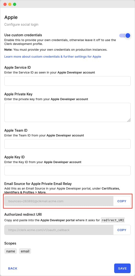 Finding the Email Source for Apple Private Email Relay value on the Clerk dashboard
