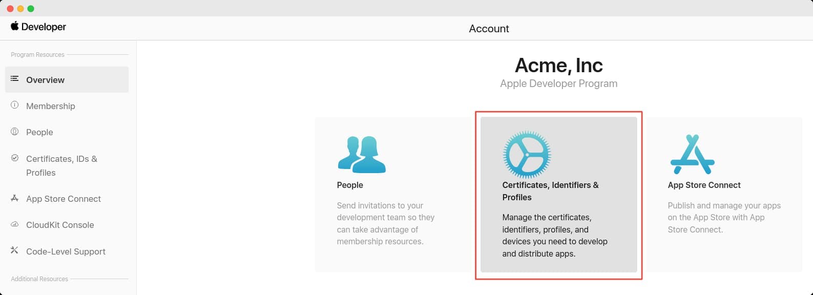 Navigating to Certificates, Identifiers and Profiles