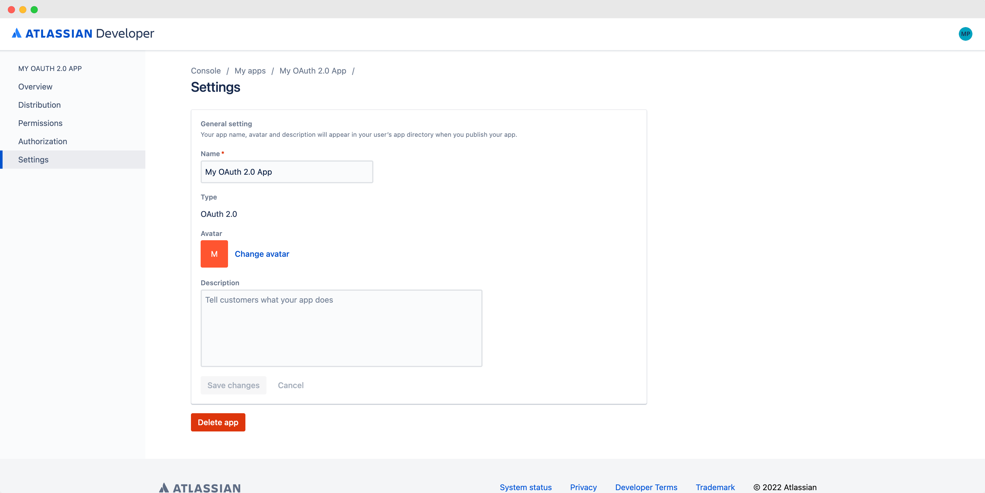 Atlassian OAuth 2.0 settings page