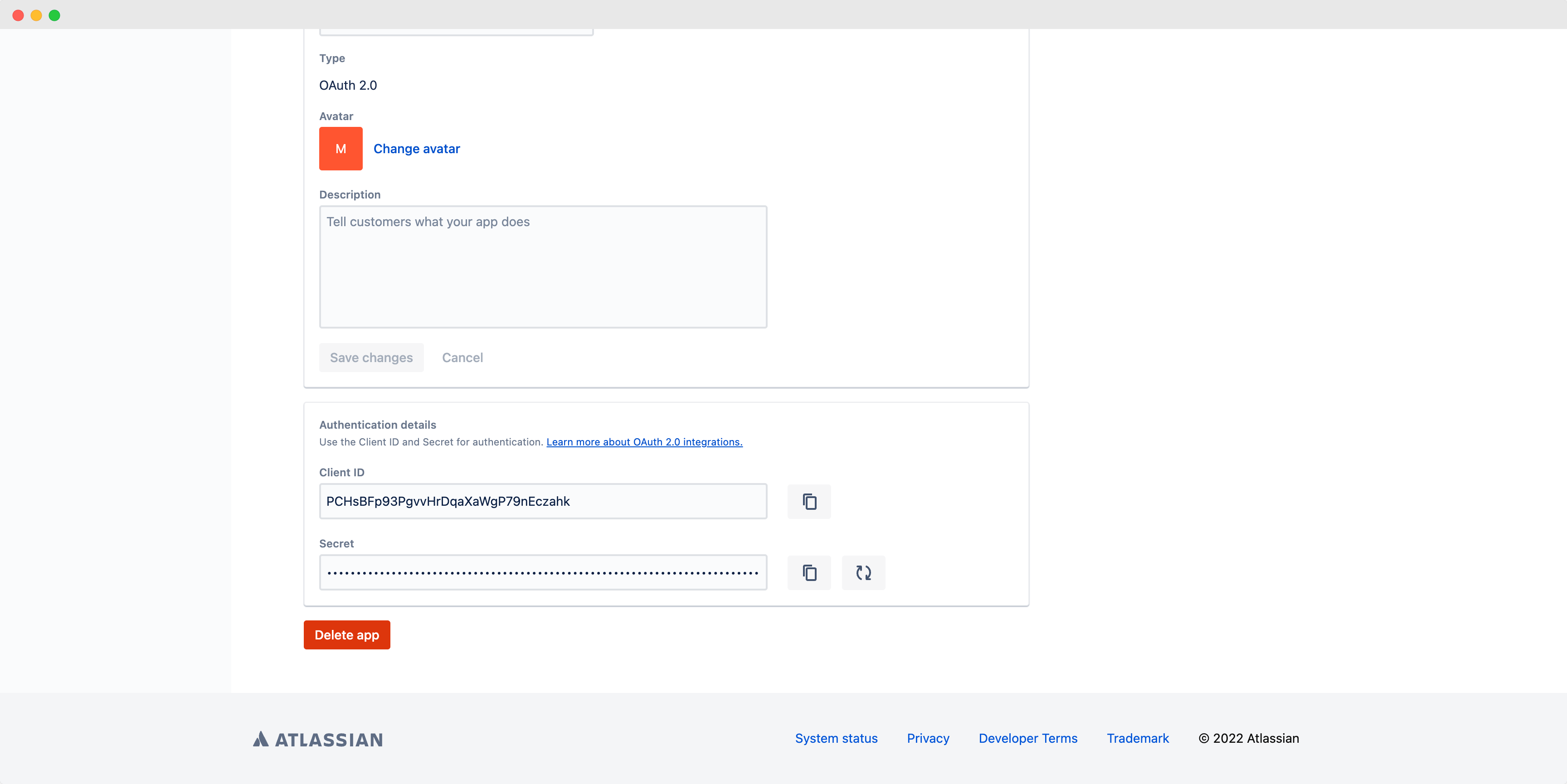 Atlassian OAuth 2.0 settings page with Client ID & Client Secret