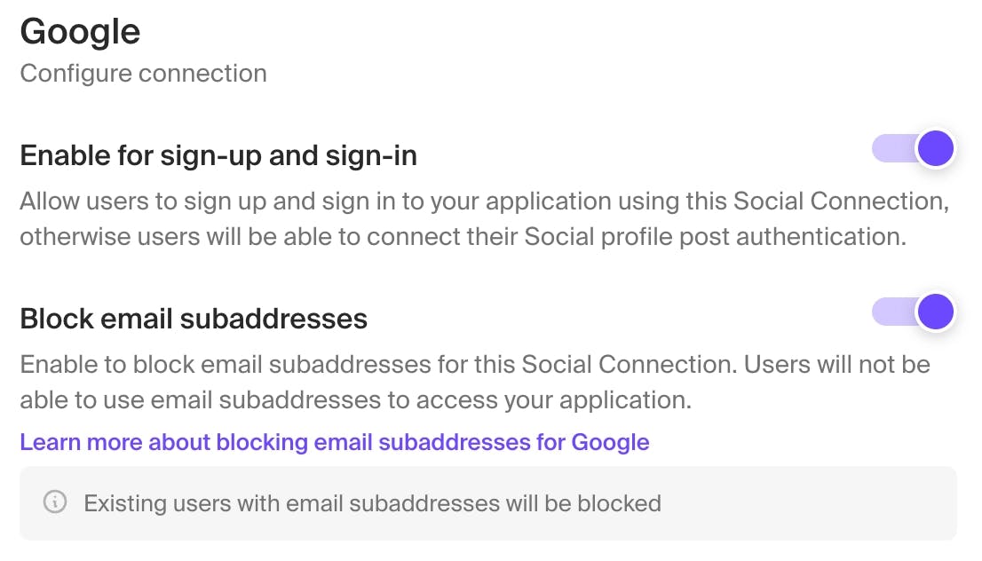 Block email subaddresses enabled for Google social connection.