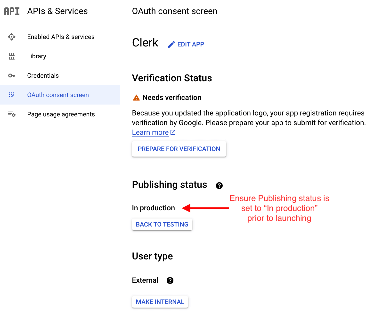 Publishing status setting within Google Cloud Platform console.